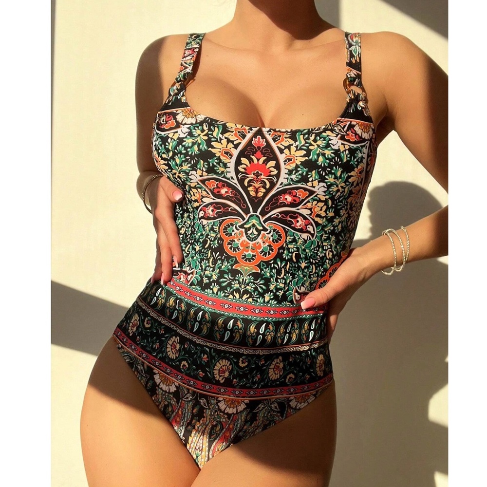 Boho Floral Tropical Print One Piece Monokini Swim